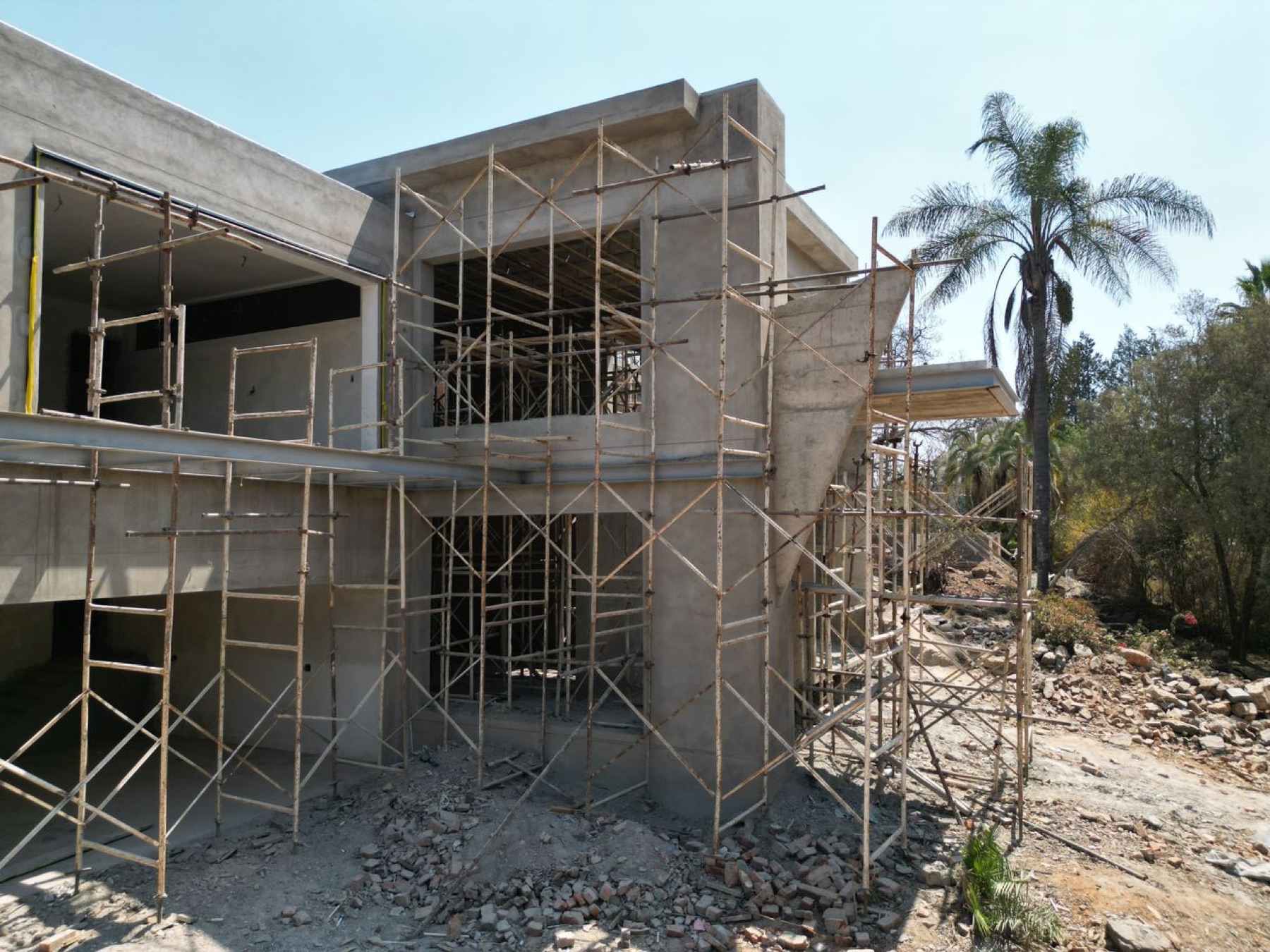 Brickwork and steel during construction, aerial view